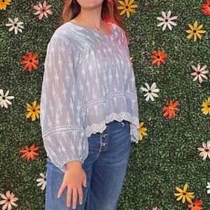 American Eagle | Blue Eyelet Embroidered Cropped Peasant Blouse- Size L